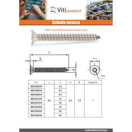 1 x Vite Per Lamiera Testa Forata 5,5X100 T25 Acciaio Inox A4
