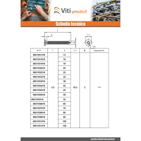 1 x Vite Per Lamiera Testa Forata 5,5X100 T25 Acciaio Inox A4