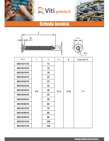 1 x Vite Per Lamiera Testa Forata T25 4,8 x 60...