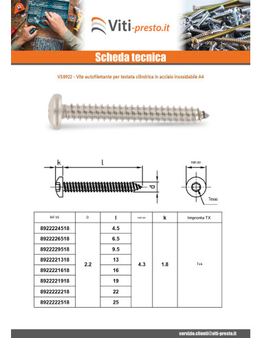 1 x Vite Per Lamiera Testa Cilindrica Bombata...