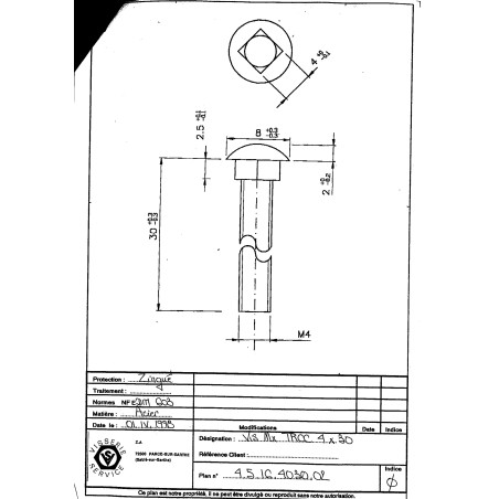 1 x Testa Poelier Con Colletto Quadrato M4X30 Discussione completa Quadrato 4X4X2.5 Zincate