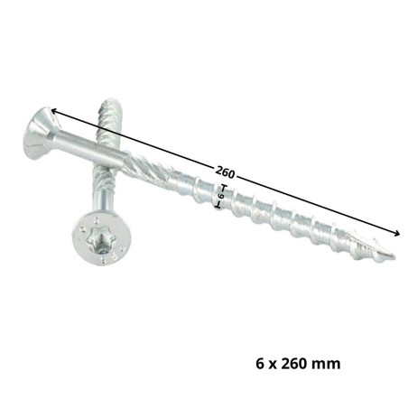 1 x Vite per telaio TEKOR Testa Forata Dentellato T30 6X260 Filettata Su 100 cut Chiodo Anti-Spacco 17 Zincate