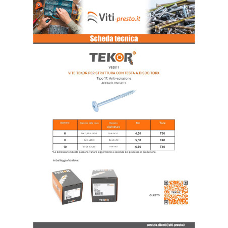 1 x Viti per legno TEKOR Testa Cilindrica T30 cut Chiodo Anti-Spacco 17 6X110 Filettatura Parziale Zincate