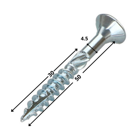 1 x Vite per telaio TEKOR Testa Forata Dentellato T25 4,5X50 Filettata Su 30 cut Chiodo Anti-Spacco 17 Zincate