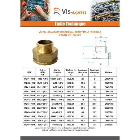 1 x Capezzolo esagonale ridotto Figura 246 Maschio/Femmina 15x21 (1/2") X 20x27 (3/4") Ottone Cromato