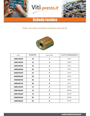 1 x Dado Cilindrica Filetto Trapezoidale...