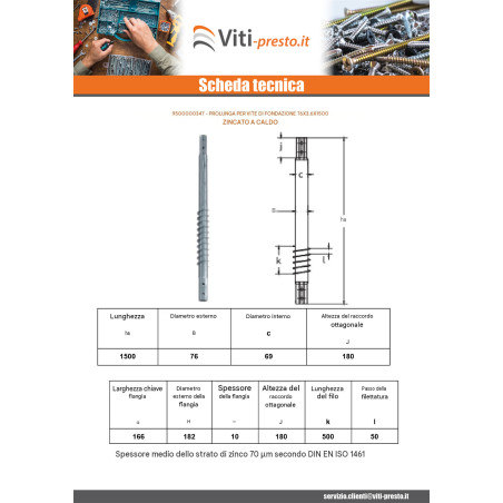 1 x Prolunga per viti di fondazione 76X3.6X1500 Elevata Resistenza Alla Corrosione Acciaio Zincato A Caldo