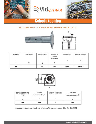 1 x Testa della vite di fondazione 76X3.6XM16...
