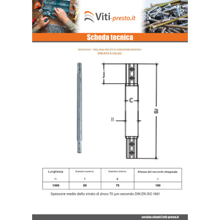 1 x Prolunga per viti di fondazione 76X3.6X1500 Elevata Resistenza Alla Corrosione Acciaio Zincato A Caldo