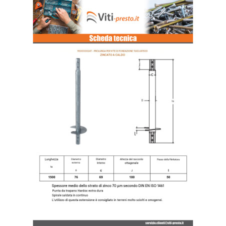 1 x Prolunga per viti di fondazione 76X3.6X1500 Elevata Resistenza Alla Corrosione Acciaio Zincato A Caldo