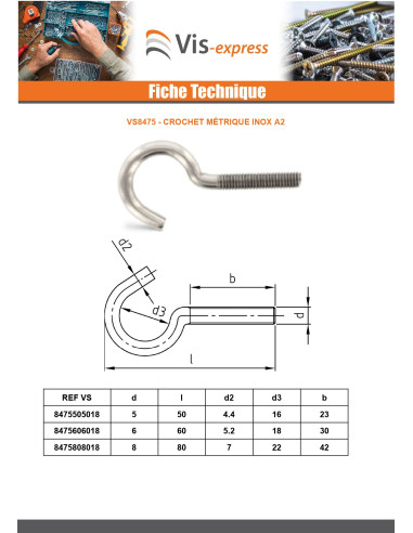 1 x Gancio Metrico Acciaio Inox A2 M5X50