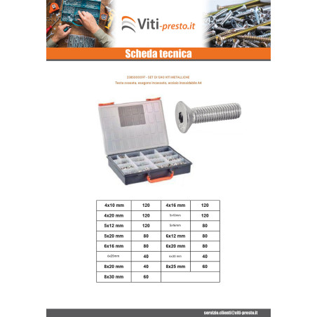 1 x Set 1240 Vite Per Metalli Testa Forata Con Esagono Incassato Acciaio Inox A4