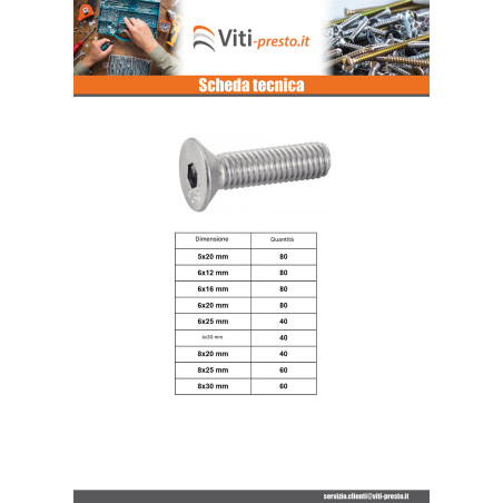 1 x Set 1240 Vite Per Metalli Testa Forata Con Esagono Incassato Acciaio Inox A4