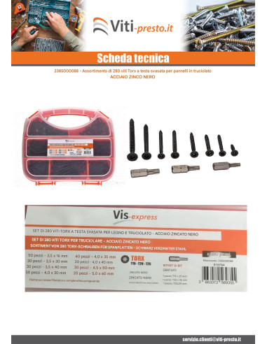 1 x Set 280 Vite Per Legno E Truciolato Testa...