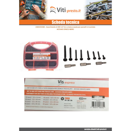 1 x Set 280 Vite Per Legno E Truciolato Testa Forata Torx Acciaio Zincato Nero Punta