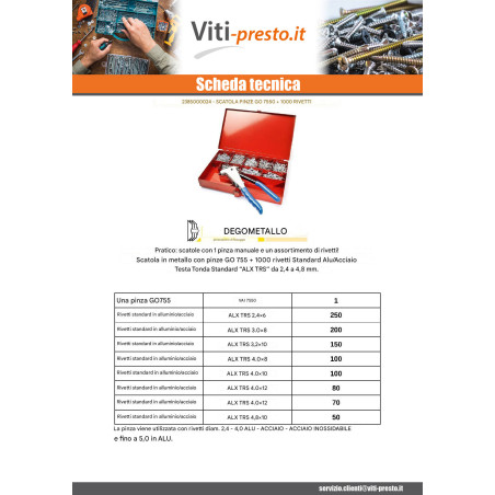 1 x Set Pinze GO7550 + 1000 Rivetto DEGOMETAL