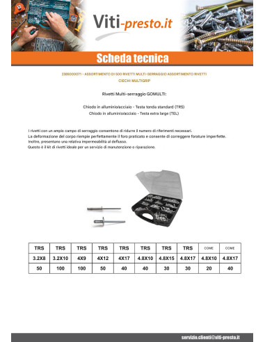 1 x Set 500 Rivetti a strappo Multigrip Barra...