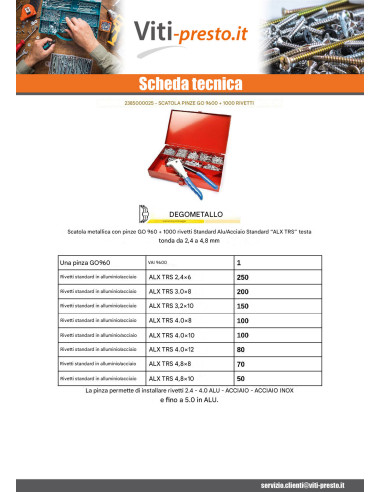 1 x Set Pinze GO9600 + 100 Rivetto DEGOMETAL