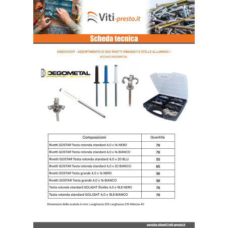 1 x Set 500 Rivetto GOSTAR GOLIGHT Barra Filettata Alluminio Acciaio DEGOMETAL