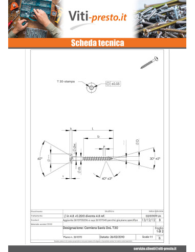 1 x Vite Bandella 7X50 Filettatura Parziale T30...