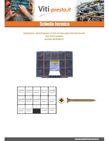 1 x Set 1700 Vite Per Legno E Truciolato Testa...