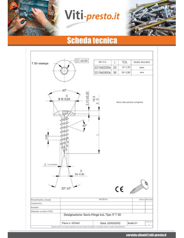 1 x Viti per legno TEKOR Vite Bandella 6X25...