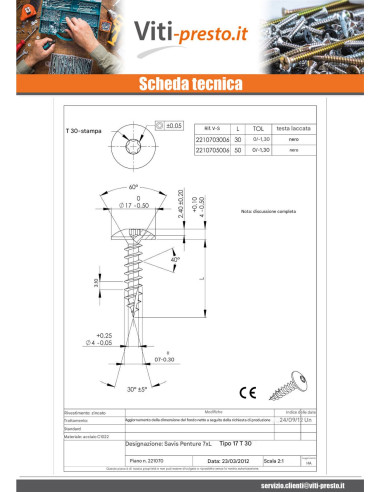 1 x Viti per legno TEKOR Vite Bandella 7X30...