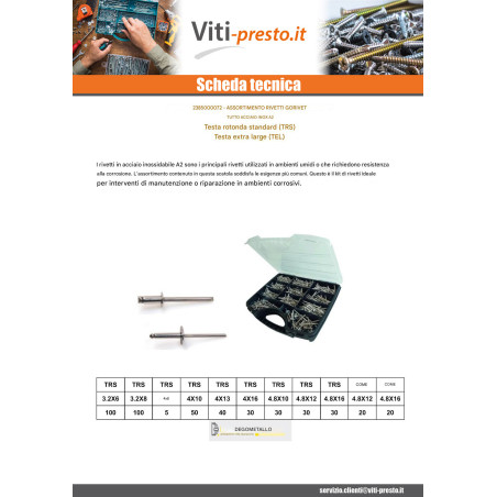 1 x Set 500 Rivetto GORIVET Acciaio Inox A2 DEGOMETAL