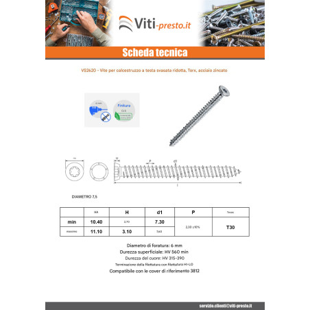 1 x Vite Calcestruzzo Testa Forata Ridotta 7,5X80 T30 Zincate