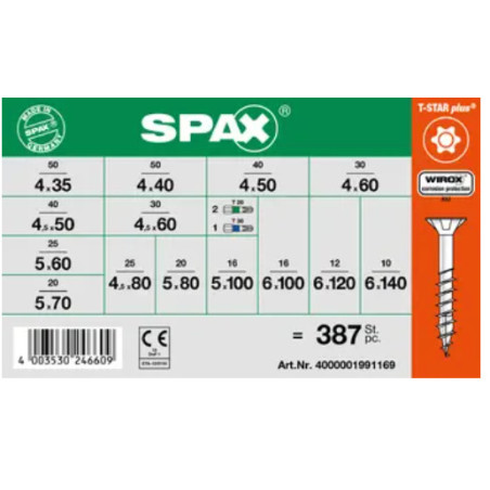 1 x Set 364 Viti Per Legno Testa Forata T-STAR WIROX + 3 Punta