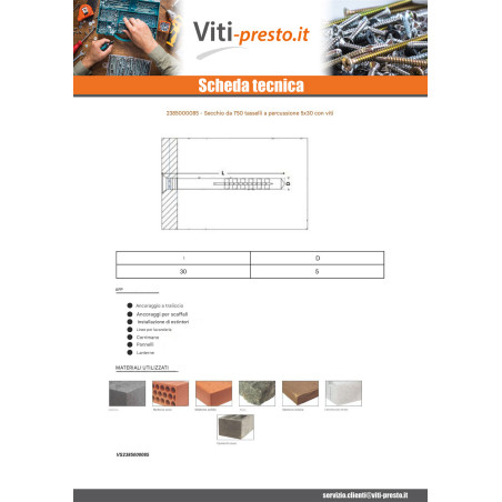 1 x Secchio di 750 Tassello A Battuta Con Vite 5X30 Zincate